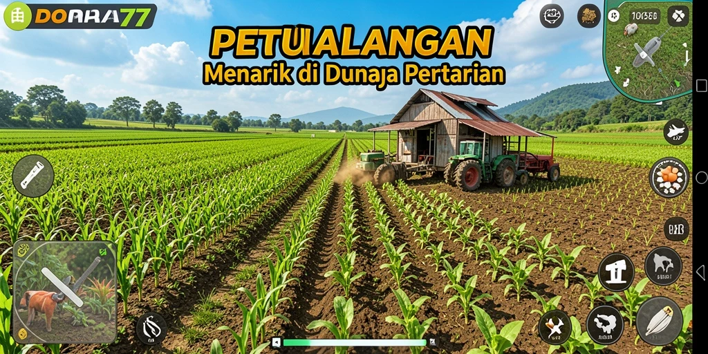 Tampilan gameplay DORA77 dengan kebun yang subur dan beragam tanaman.