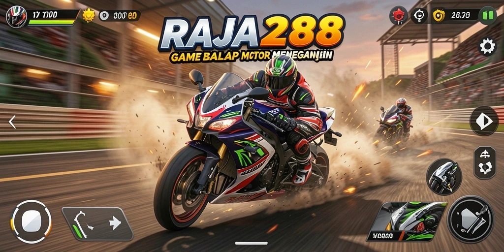 Screenshot utama RAJA288 menampilkan aksi balap motor yang mendebarkan.
