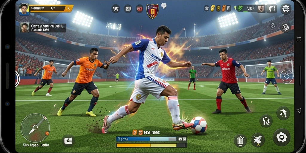 Tangkapan layar V07 menampilkan aksi pertandingan sepak bola yang mendebarkan.
